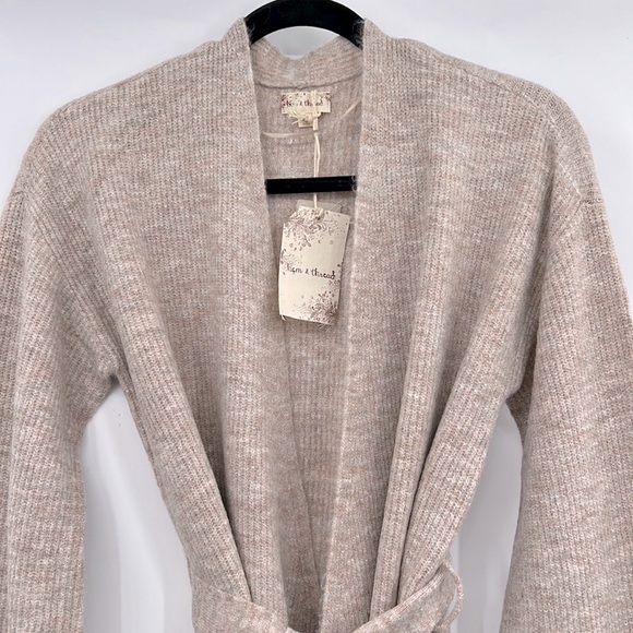 🆕Hem & Thread Cardigan Knit Beige Cream Belted Waist Ballon Sleeve Restocked - Picture 4 of 12